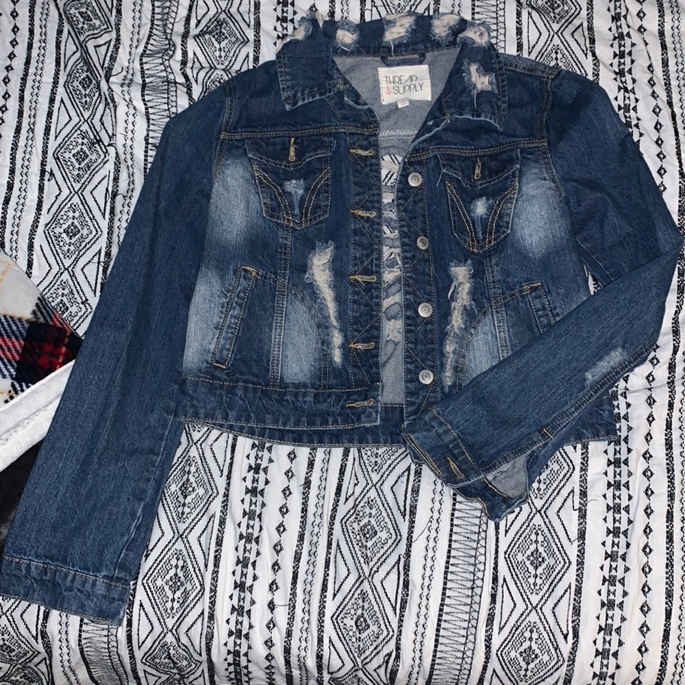 Distressed semi cropped denim jacket